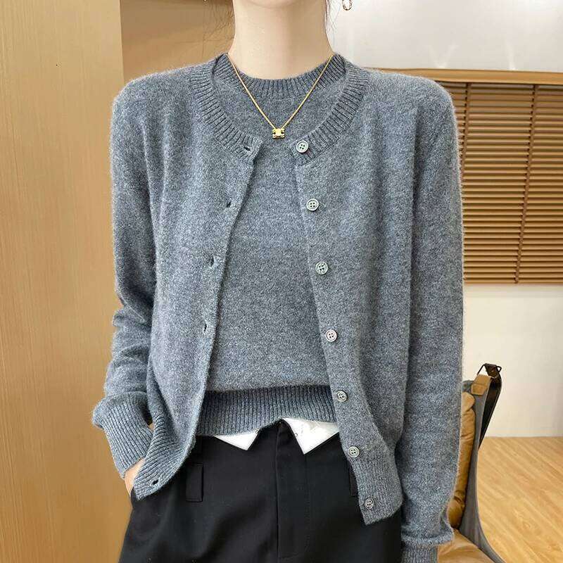 Women 100% Merino Wool Two Piece Set Sweater O-Neck Long Cardigan And Short Sleeve Pullover All Seasons Cashmere Knit Top MDNG