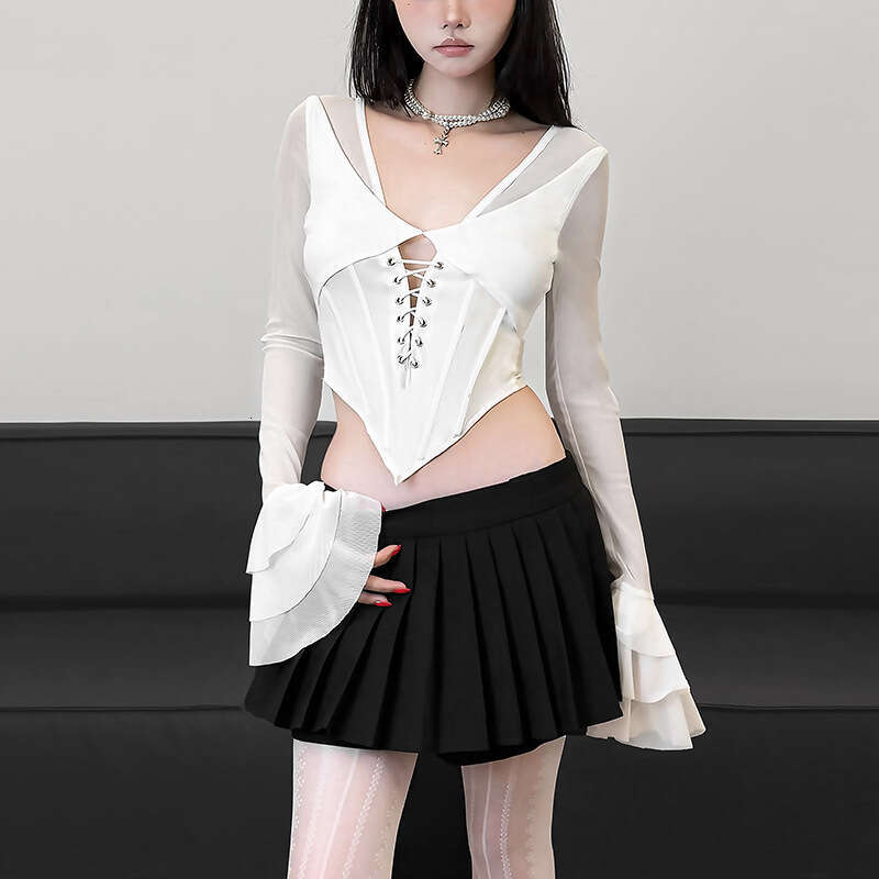 2024 Autumn Winter New Women's Solid Color Slim Street Fashion V-Neck Long Sleeve Sheer Top b93
