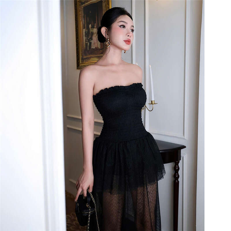 2025 Spring New Women's Solid Color Slim Fit High Waist Fashion Off-Shoulder Strap Dress 9c6