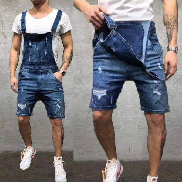 Men Overalls Playsuits Denim Jeans Shorts Rompers Washing Slim Fit Holes Pockets Distressed Spliced Streetwear 2024 250725