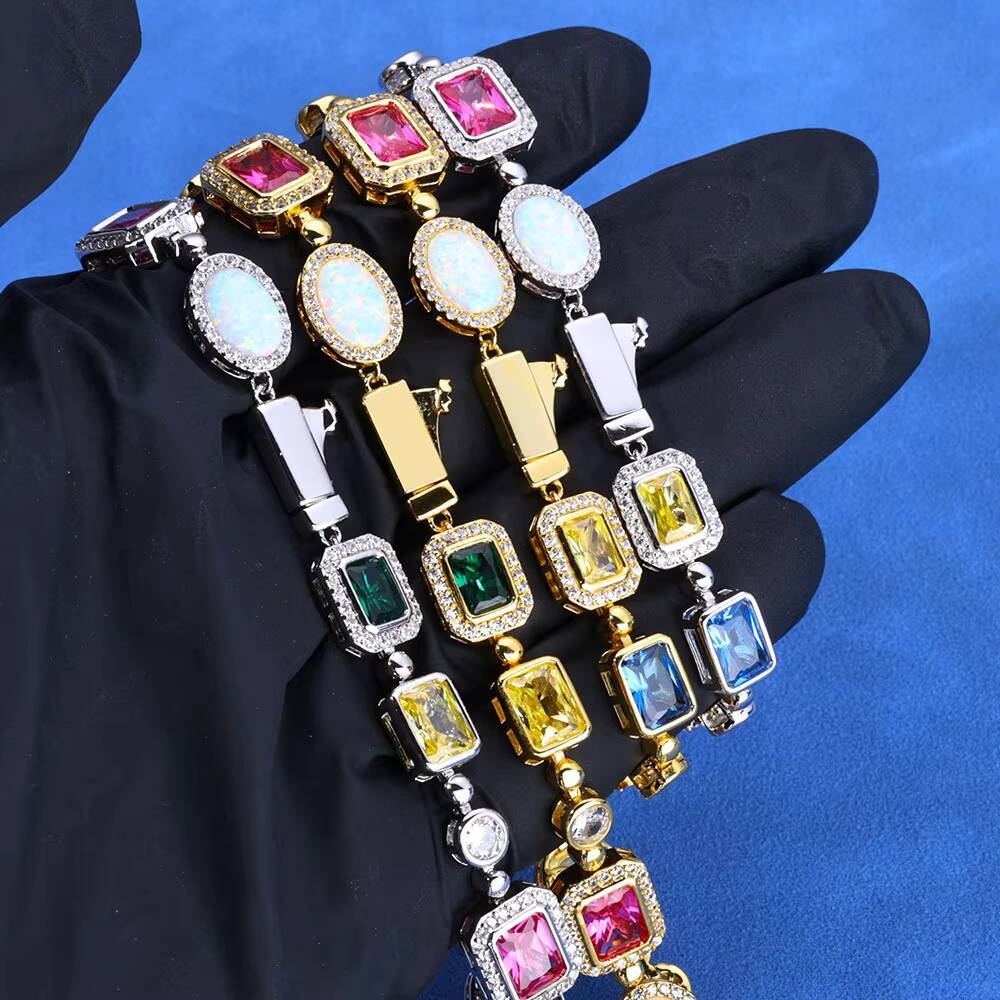 Trendy Men S925 Silver Moissanite Color Gemstone Bracelet Hip Hop Style Jewelry for Women