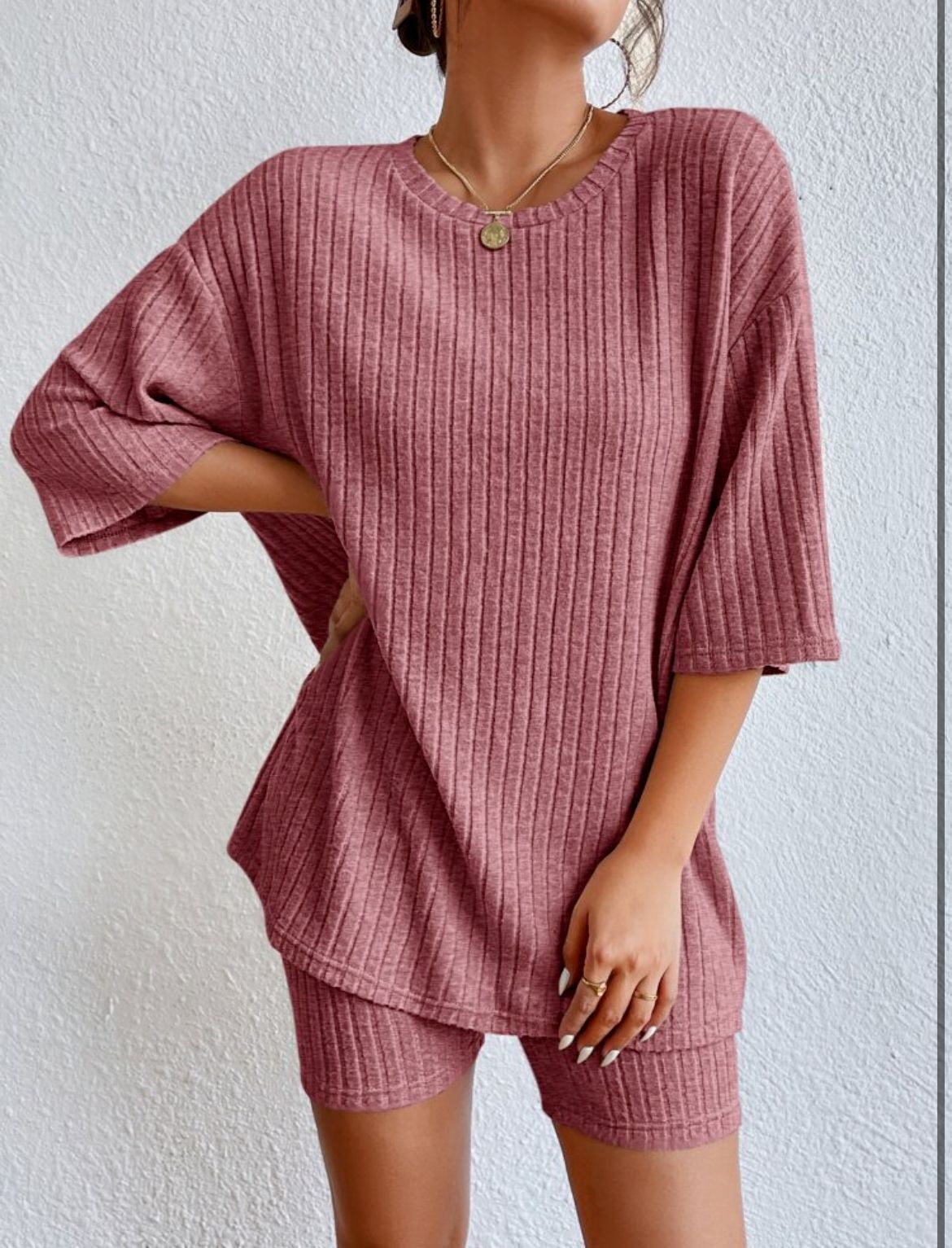 New 2023 Fashion Casual Solid Spring Round Neck Loose fitting Womens Shorts Set