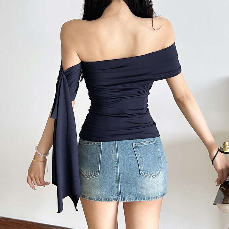 Women's Clothing 2025 Spring Summer New Sexy Off-Shoulder Ribbon Short Sleeve Slim Fit T-Shirt 093
