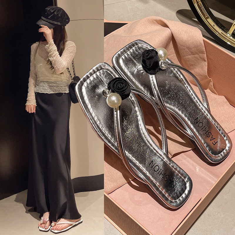 Ddmysports Flat French Square Pearl Toe Post For Women Outdoor Wear Summer New Beach Sandals Outdoor Shoes