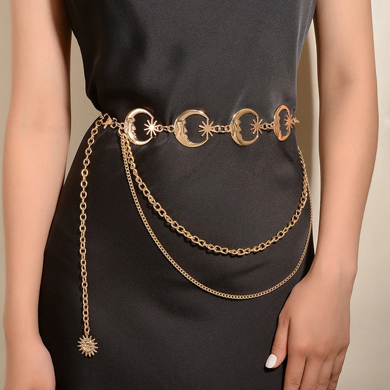 Multilayer Punk Gothic Sun Waist Chain Metal Belts For Women Dress Jewelry Waist Chain Waist Belts 250722