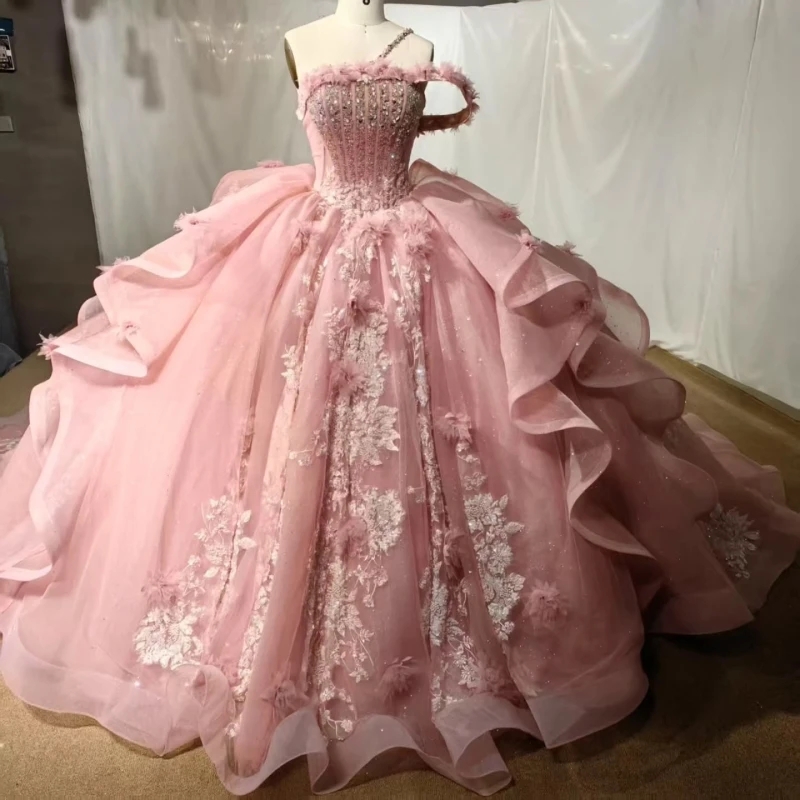 Pink Quinceanera Dresses Off Shoulder Ball Gown Sweet 16 Dress Applique Flower Beading Crystal Tull Birthday Party Vestidos 15 Anos