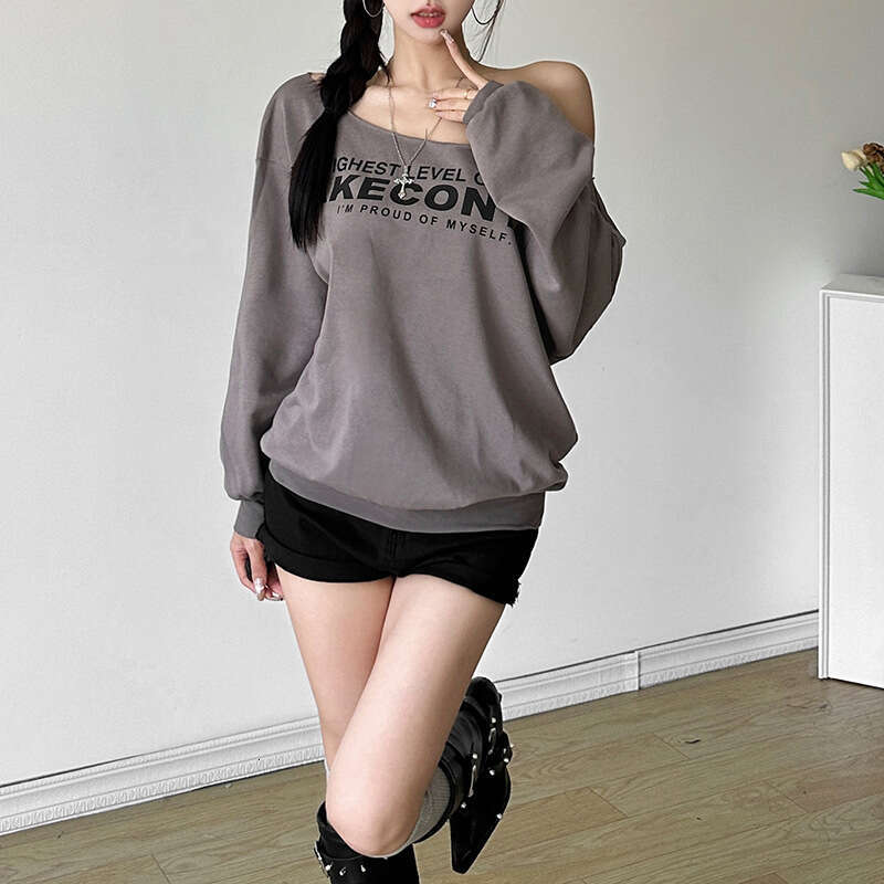 2024 Autumn New Women's Solid Color Loose Street Fashion Asymmetrical Neck Backless Long Sleeve Sweatshirt 6a5