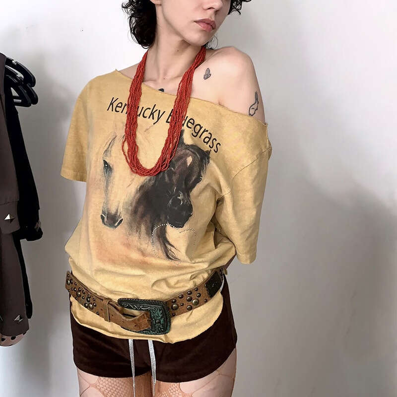2025 Women's Summer New Street Fashion Letter Print Short Sleeve Asymmetric Neck T-Shirt bc2