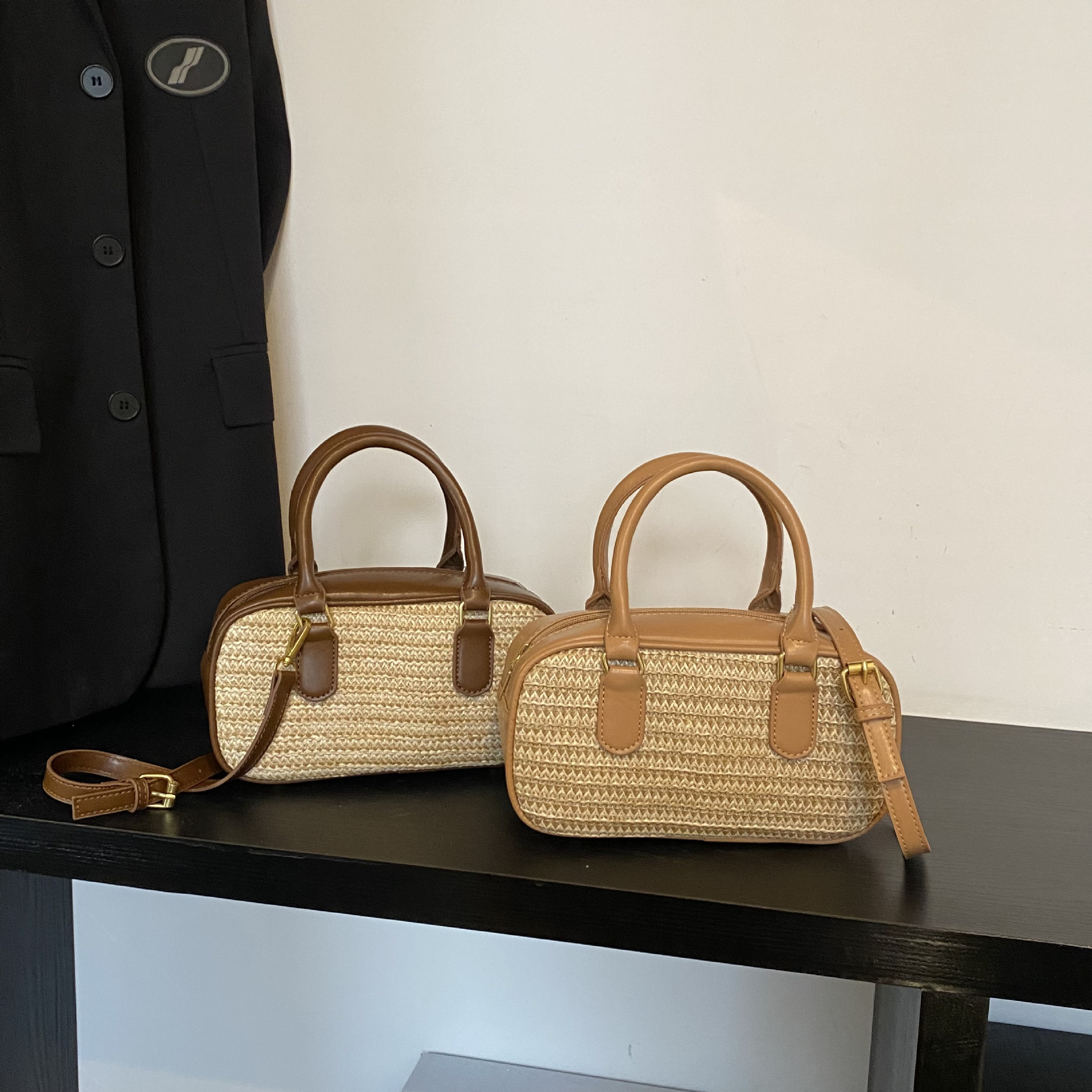 Luxury Brand Designer Bag Woven MIU Small Square Bag Boston Straw Pillow Bag Color-Block Handbag Ins Single Shoulder Crossbody Women's Bag