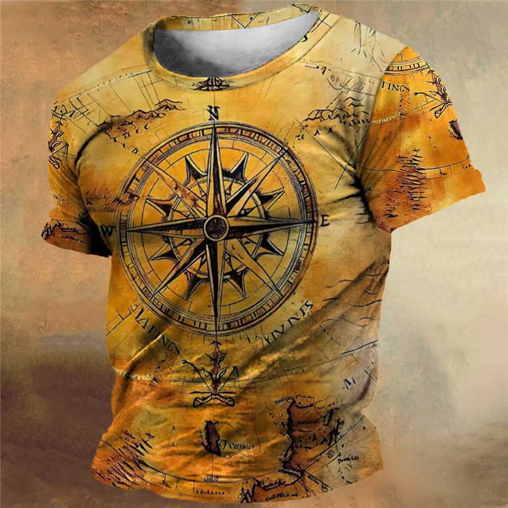 Vintage Mens T-Shirt Summer Compass Printed T-Shirt Tops Casual Short-Sleeve Tees Daily Mens Clothing Oversized Streetwear Y250724