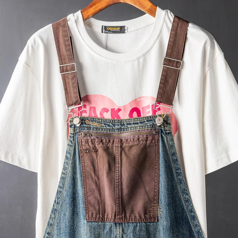 Mens Vintage Contrast Color Denim Bib Overalls Casual Patchwork Patch n Jeans Big Pocket Jumpsuits Pants 250725