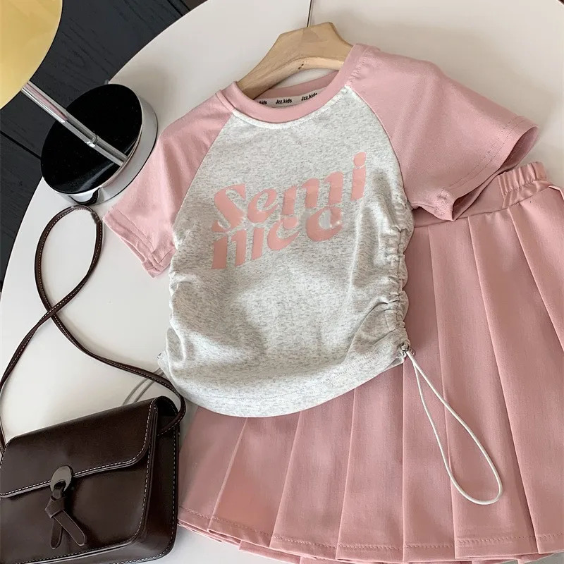 Short Sleeves Top Pleated Skirt 2Piece Suits Children Girls Letter Print Clothes Kids Casual Sets Teens Summer TShirt Outfits 250725