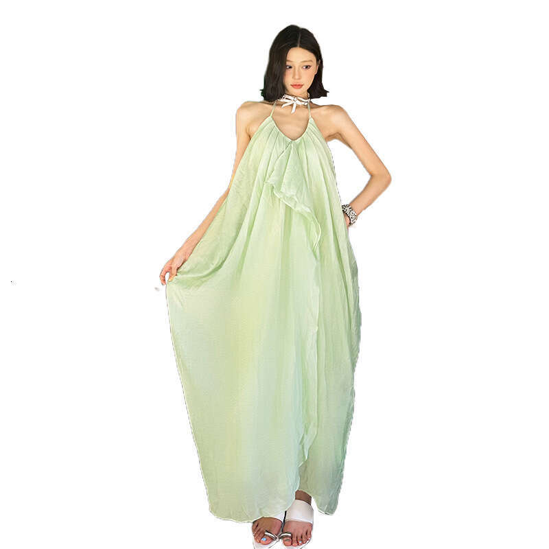 2025 Summer New Vacation Style Sleeveless Backless Irregular Halter Tie Pure Desire Dress for Women 508