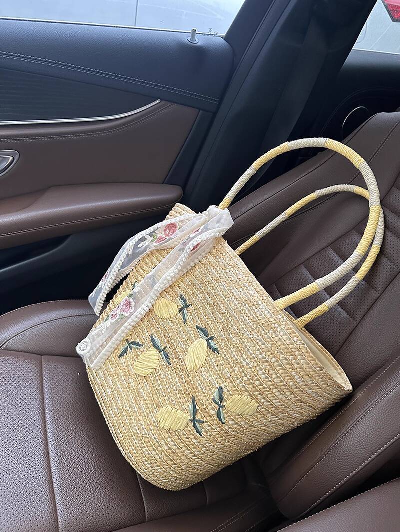 Luxury Brand Designer Bag Zuo Xing Handmade Lemon Embroidered Straw Bag Large Capacity Handheld Woven Bag French Style Shoulder Beach Vacation Bag