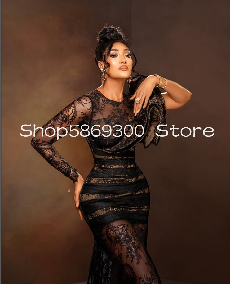 Black Lace Mermaid African Evening Formal Dresses Ruffles Long Sleeve Aso Ebi Prom Party Gala Gown customsized robes