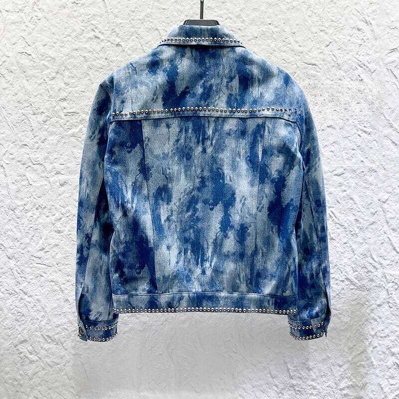 2025 Spring Trendy Rivet Tie-Dye Long Sleeve Pocket Decoration Jackets Men's Retro Tooling Short Style Denim Jacket Tops