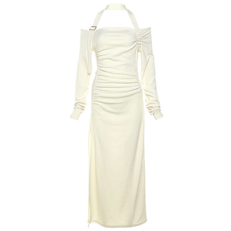 2023 Autumn New Women's Solid Color Slim Fit Fashion Off-Shoulder Long Sleeve Split Dress d74