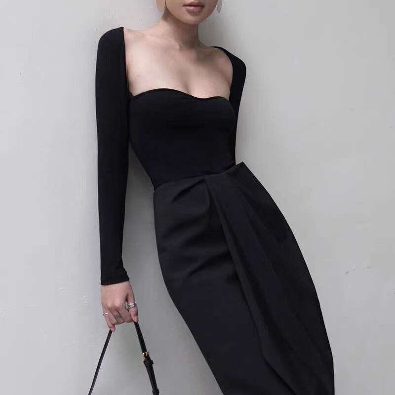 Women's Clothing 2024 Autumn Winter New Solid Color Sexy Long Sleeve Square Neck High Waist Dress for Women 315