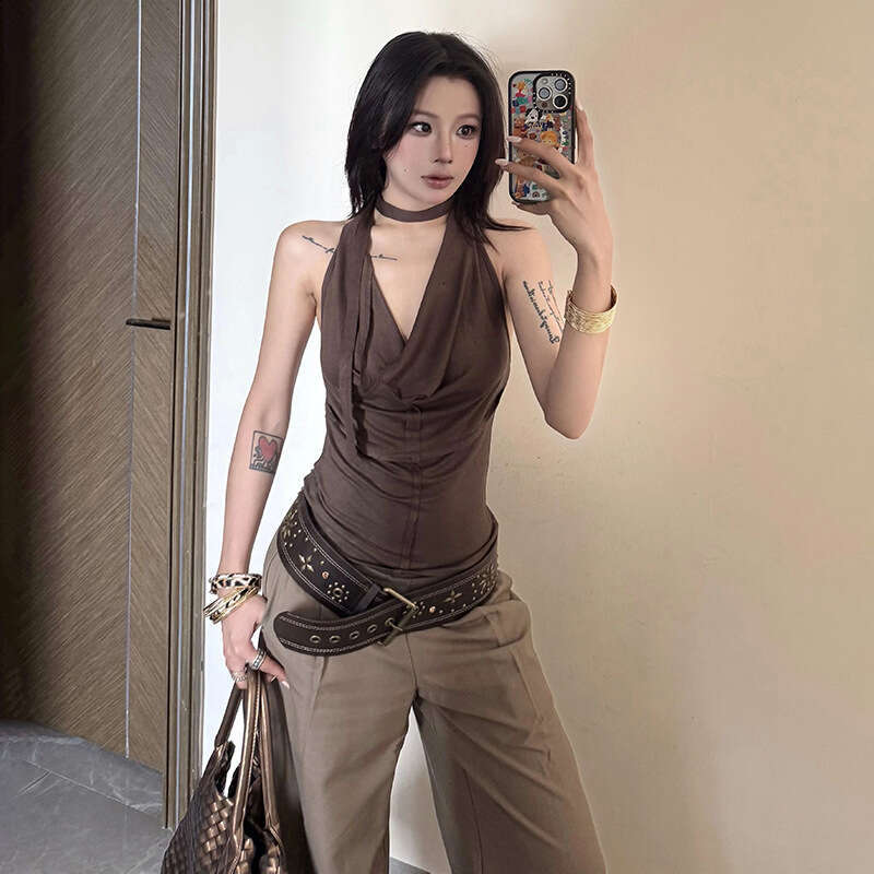 2025 Summer New Solid Color Halter Deep V Neck Waist-Cinching Slim Fit Sleeveless Elegant Versatile Women's Top 348