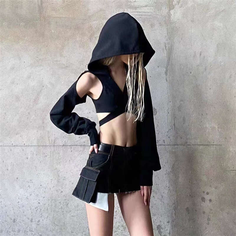 2023 Summer New Women's Fashion Solid Color Slim Fit Crop Top Fashionable Hooded Long Sleeve T-Shirt for Women 485