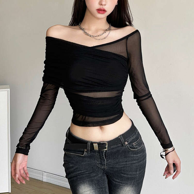 2023 Autumn Winter New Women's Solid Color Slim Fit Crop Street Fashion Off-Shoulder Long Sleeve Top a34