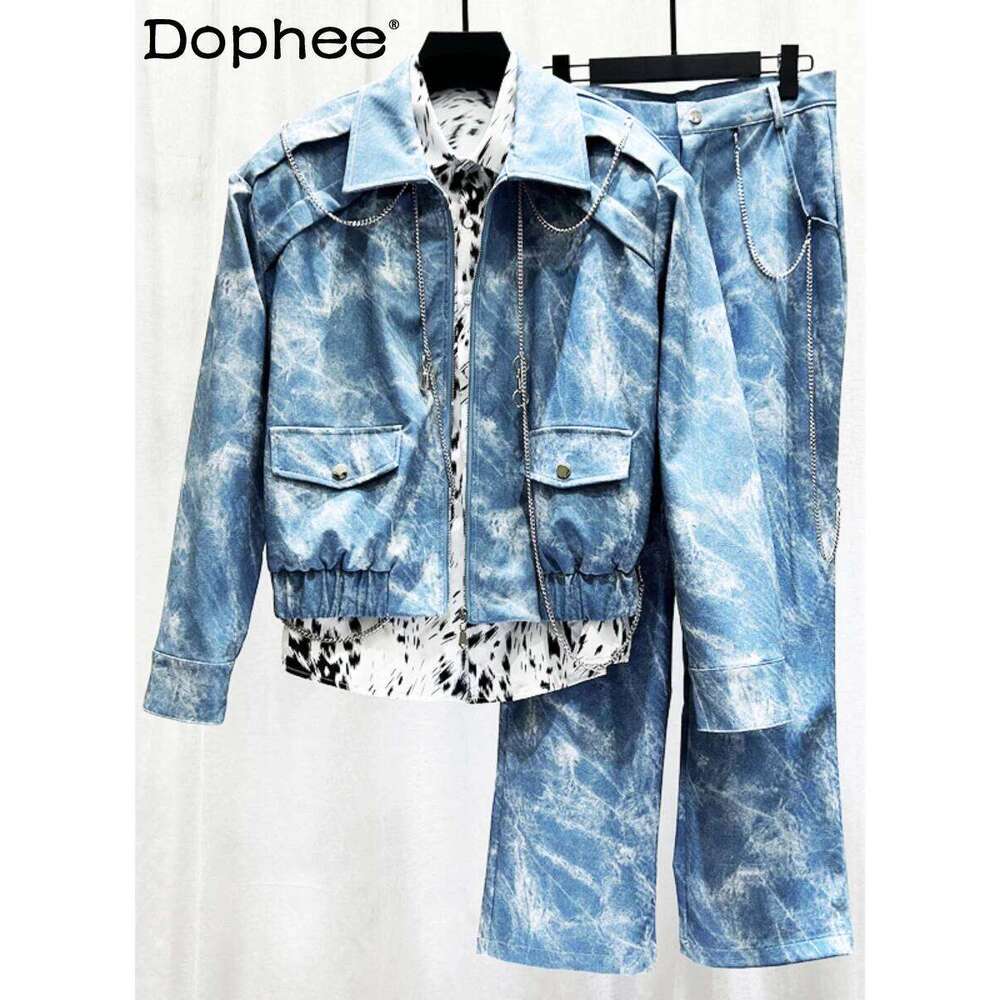 2025 Autumn Winter New Male Chain Design Shoulder Padded Short Two-Piece Men's Trendy Loose Denim Jacket Trousers Set