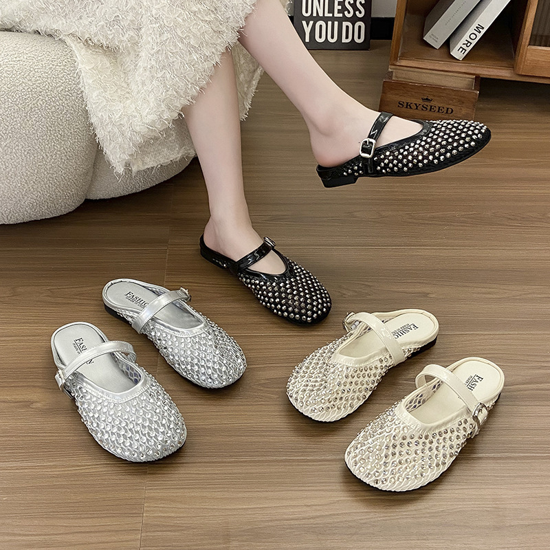 Ddmysports Shiny Diamond Niche Hollow Out Half For Women Summer Slip On Fairy Style Breathable Flat Closed Toe Slippers Outdoor Shoes