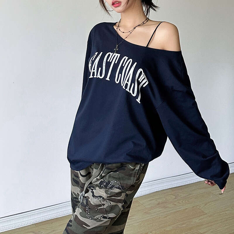 2024 Autumn New Women's Solid Color Loose Street Style Fashion Asymmetrical Neck Printed Long Sleeve Top 1e4