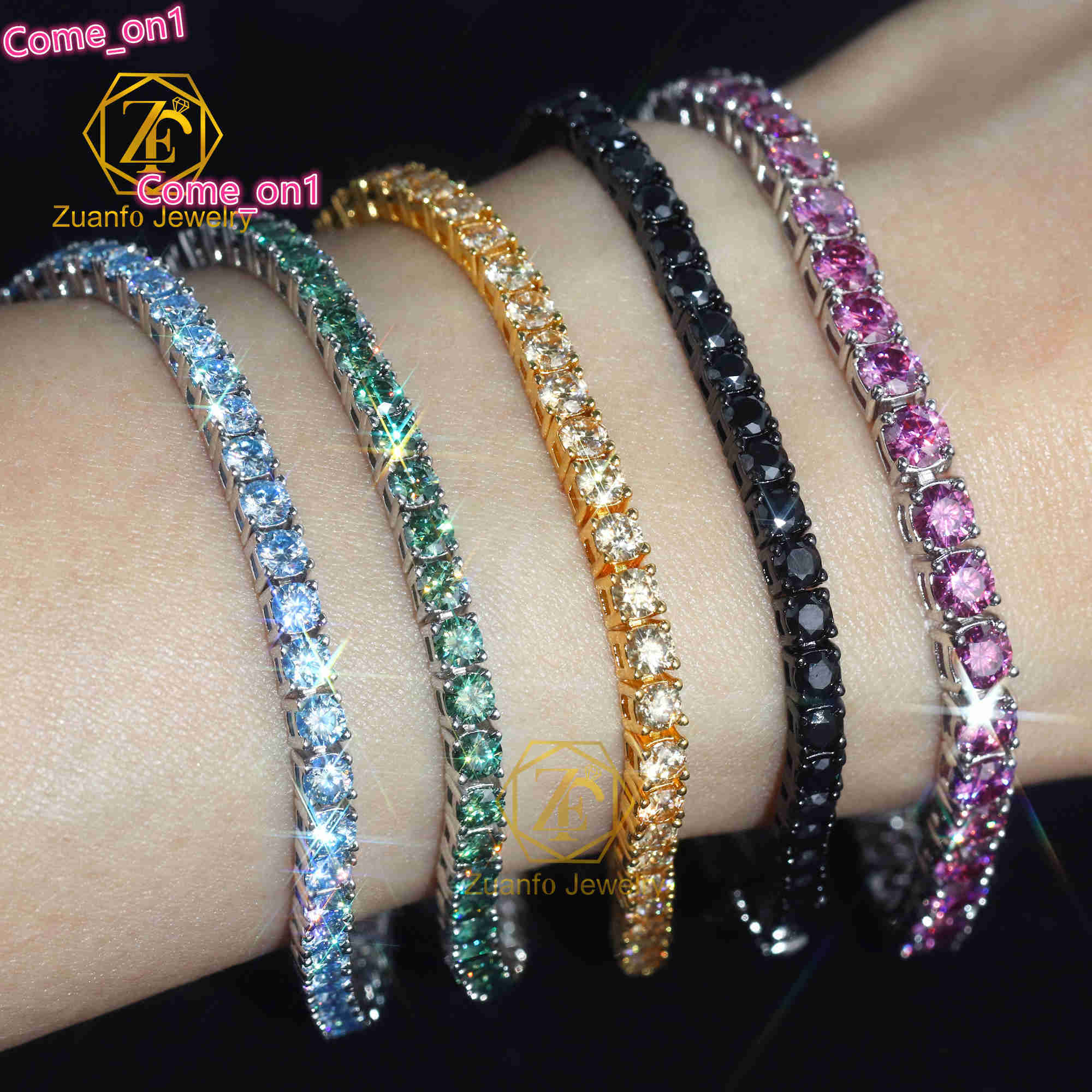 Hot Sale Hip Hop 925 Sterling Silver Yellow Blue Green Black Pink White Color Sparkling Moissanite Tennis Chain Bracelet