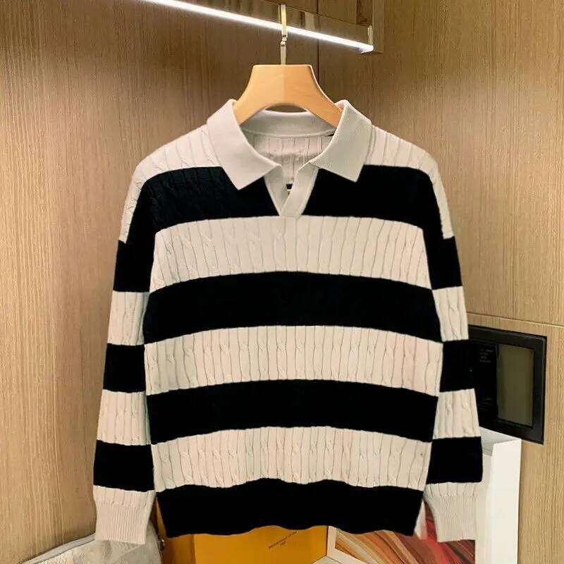 Autumn Winter Men Knitted Polo Striped Turn-Down Collar Shirts Twisted Weaven Patchworked Tops Outwear