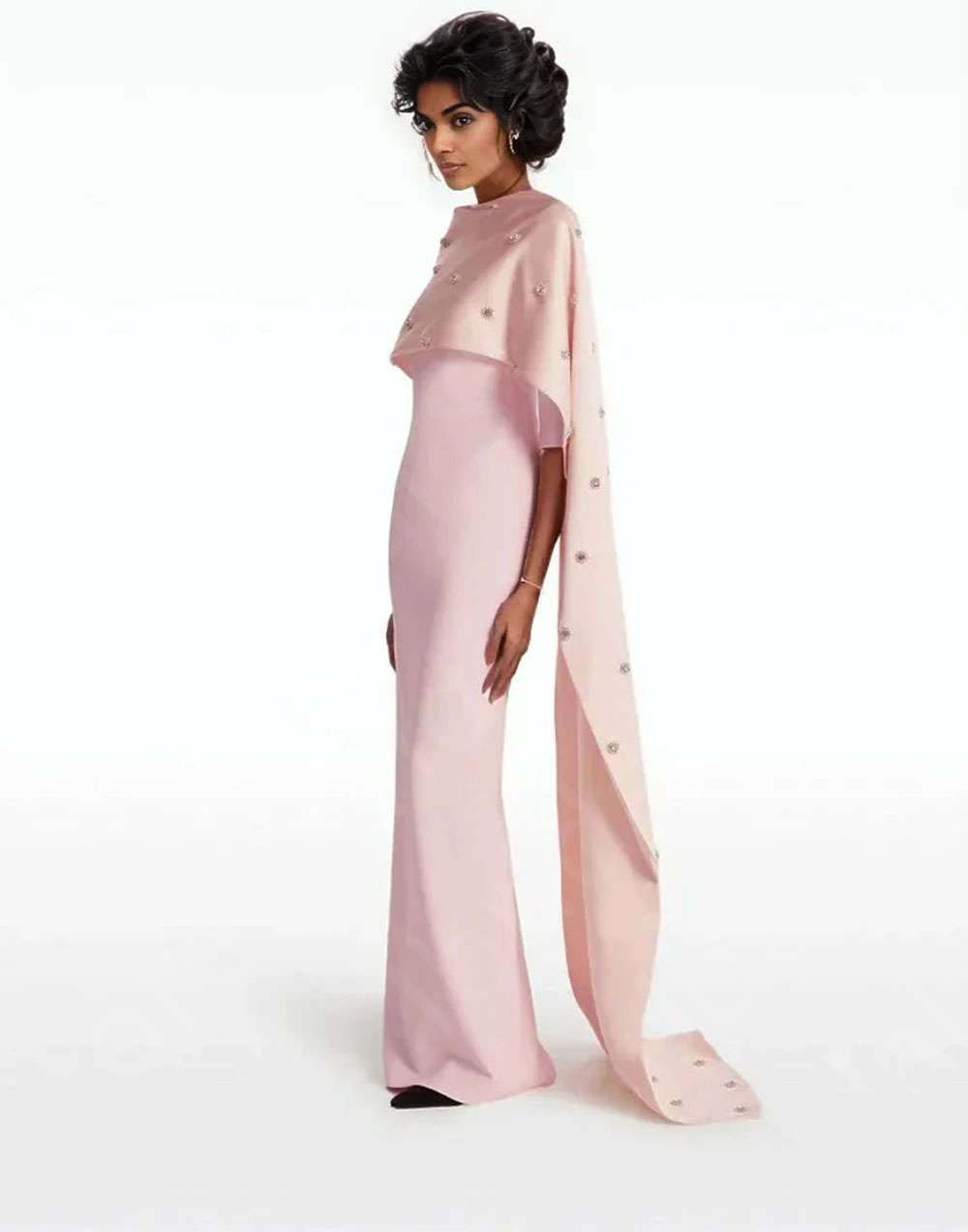 Pale Pink Evening Dresses with Cape Arabic Prom Gowns 3/4 Sleeves Long Dress Middle East Crystal Beaded