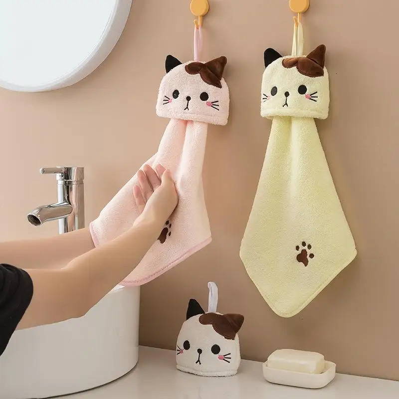 ute Cat Kitchen Cleaning Towel Hanging Hand Towels Absorbent Dishcloths Coral Velvet Soft Cloth Rag 250725