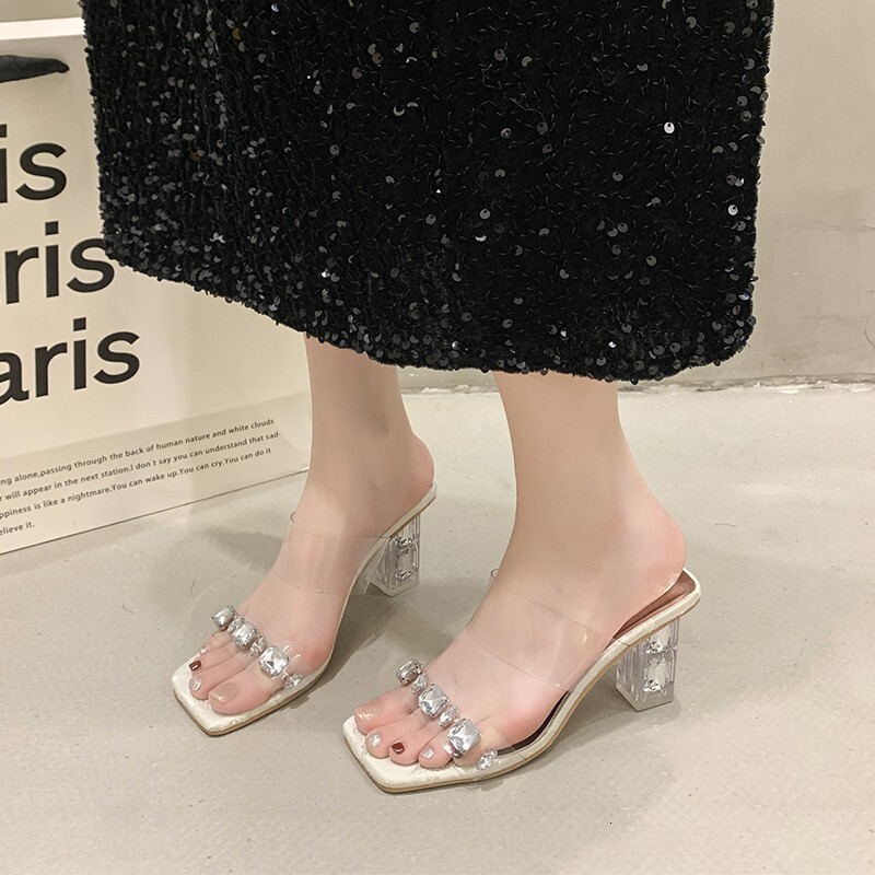 Ddmysports Transparent High Heels For Women Spring Summer New Trendy French Style Versatile Chunky Heel Crystal One Strap Sandals Outdoor Shoes