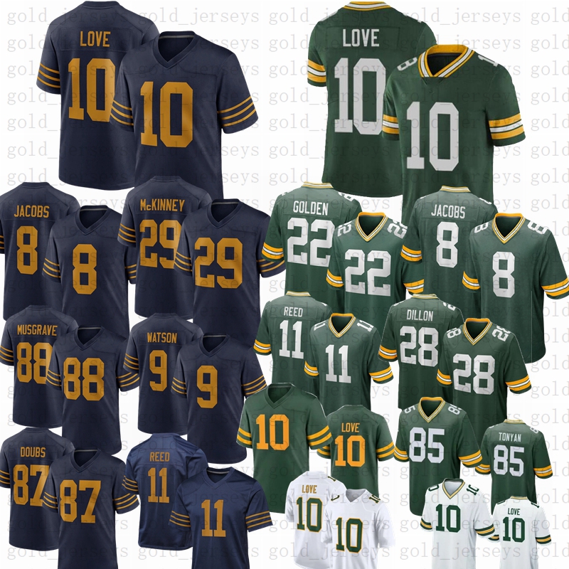 2025 New Love Jayden Reed 8 Josh Jacobs Football Jersey Jaire Alexander Dillon Walker Devonte Wyatt Doubs Morgan Starr Driver Gary Wicks Nixon Musgrave Melton