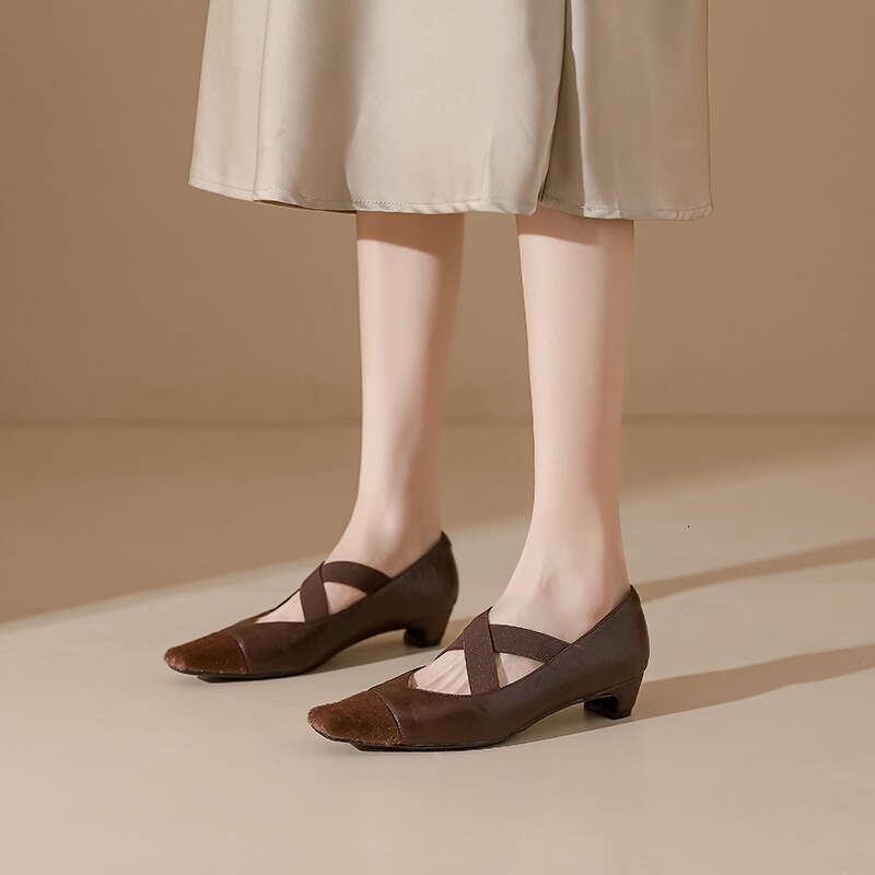 Cowhide Version~French Style Single Shoes Comfortable Sole Non-Tiring Fashionable Horsehair Splicing Top Layer Soft Leather High Heels