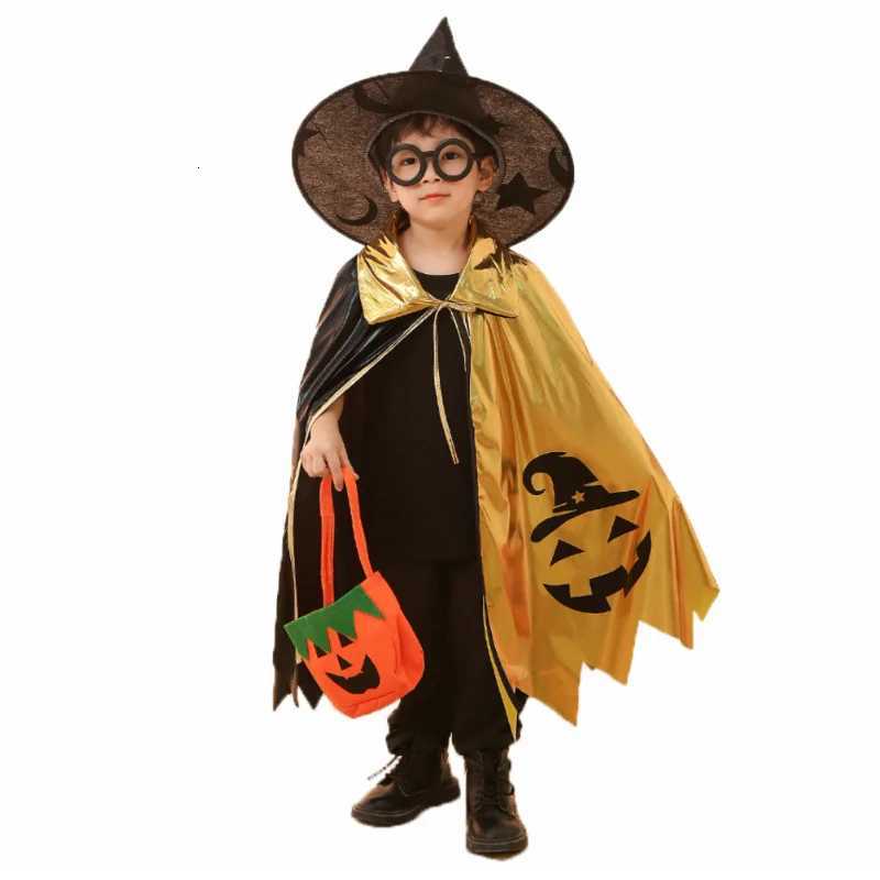 Kids Halloween Unisex Witch Cosplay Cloak + Witch Hat 2 Piece Costume Carnival Par Fancy Gold Black Color Blocking Dress Cape Z250725
