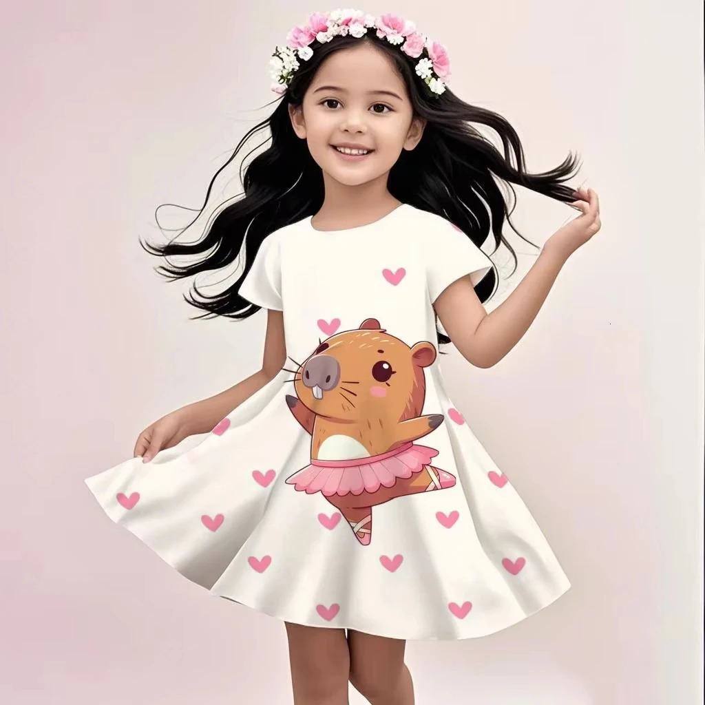 Cute Sunshine Capybaras Summer Round Neck Children Dress Girl Short Sleeve Doll Birthday Gift Princess Dress 250725