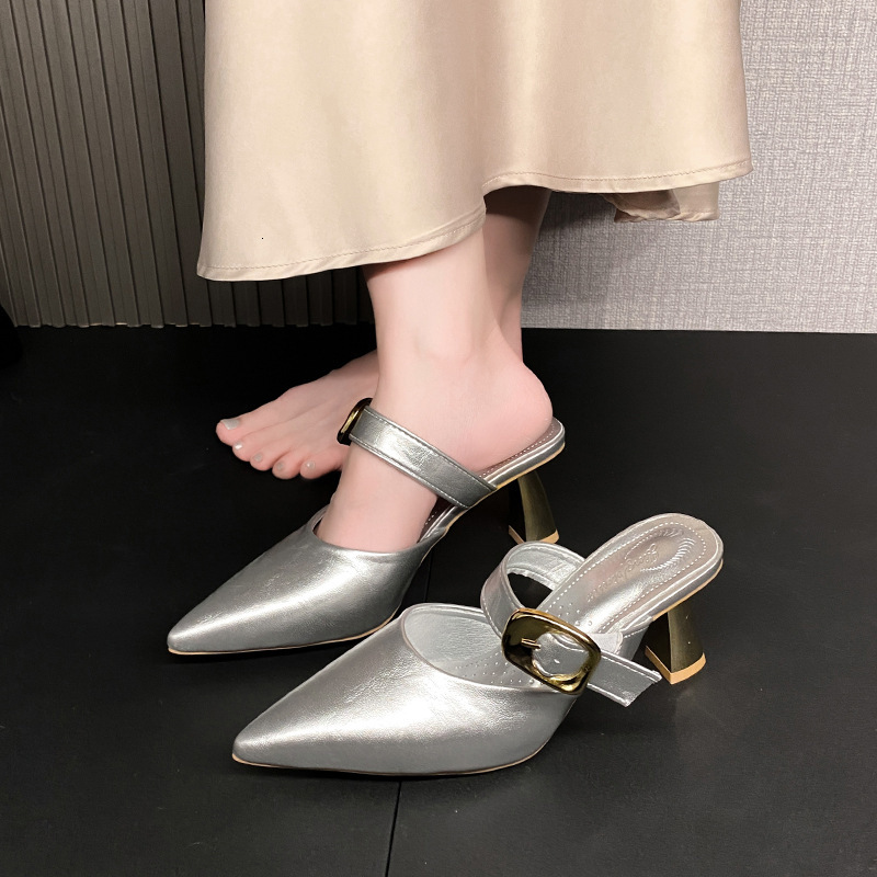 Ddmysports Spring Summer New Elegant French Style High For Women Pointed Mules Thin Heel Sexy Closed Toe Sandals Outdoor Shoes