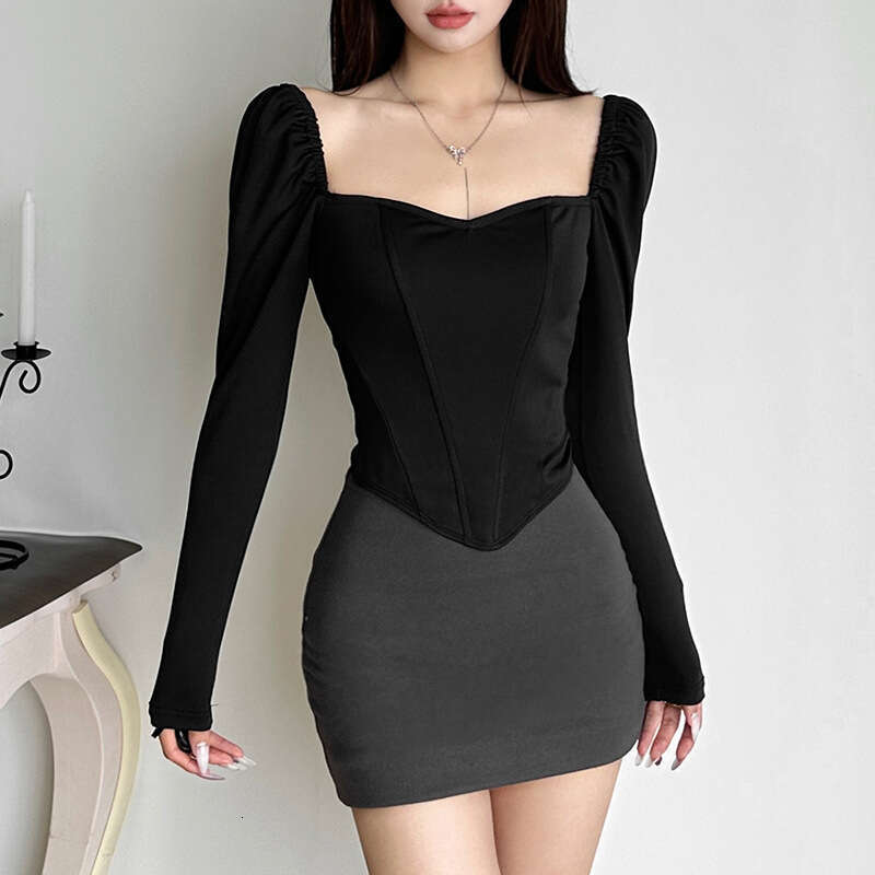 2024 Autumn New Women's Solid Color Slim Street Fashion Square Neck Long Sleeve Backless Top ed1