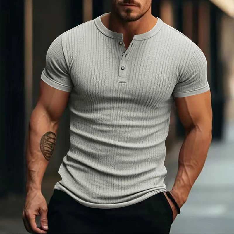 Mens Stylish Stripe Knit T-shirt -Fashionable Henley Neck Short Sleeves Soft Breathable - Perfect Comfy Tops for Leisurewear Y250724