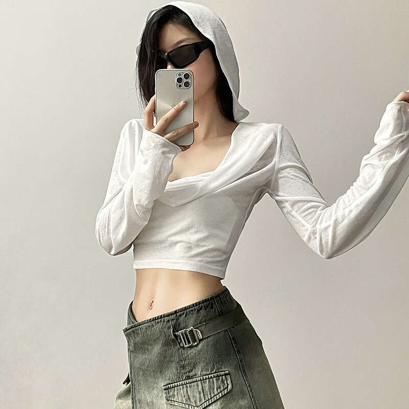 2023 Spring New Women's Solid Color Slim Fit Crop Top Fashion V-neck Hooded Long Sleeve Sun Protection Shirt 7bf