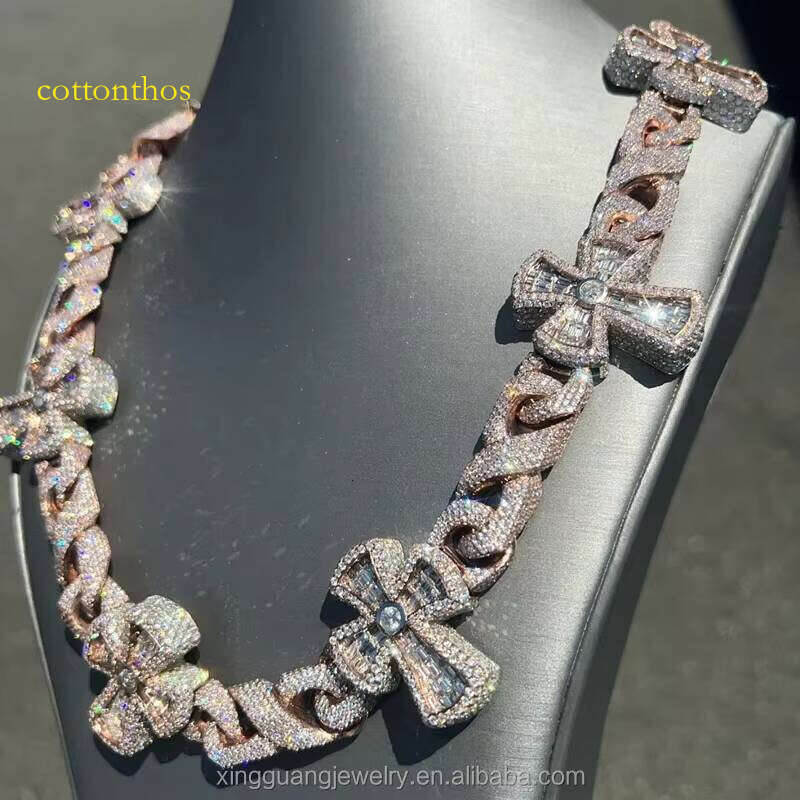 Customized Cross baguette Moissanite Heavy Cuban Link Sterling Jewelry Charms Sier Chain Hip Hop Necklace