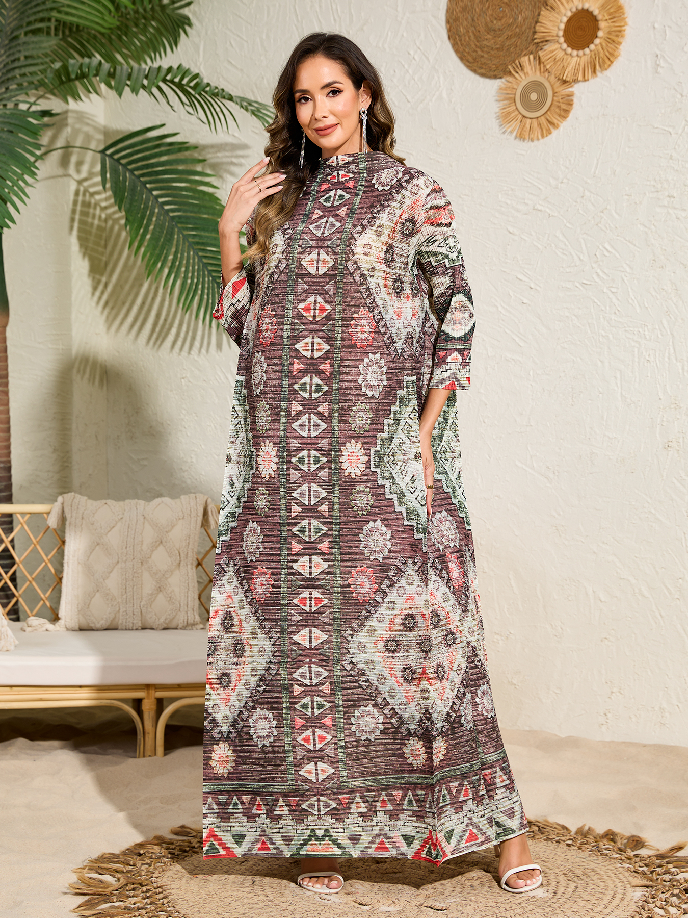 Ethnic Clothing Dress Arab Style Women's Loose-Fit Long-Sleeve Dress with Print NZ016
