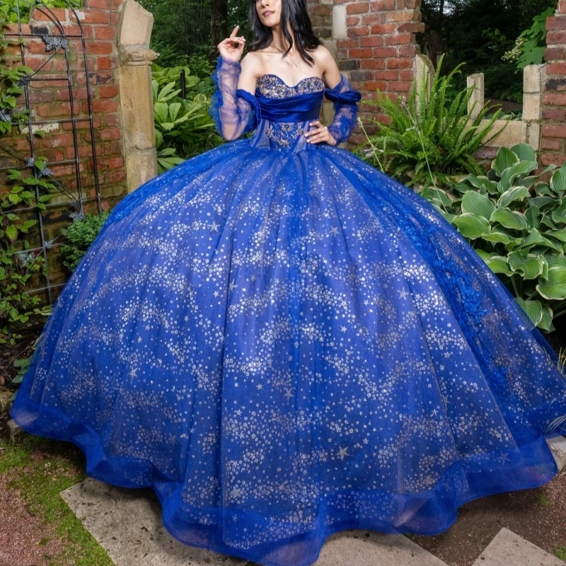 Royal Blue Quinceanera Dresses Off Shoulder Ball Gown Sweet 16 Dress Sequin Applique Beading Crystal Tull Birthday Party Vestidos De 15 Anos