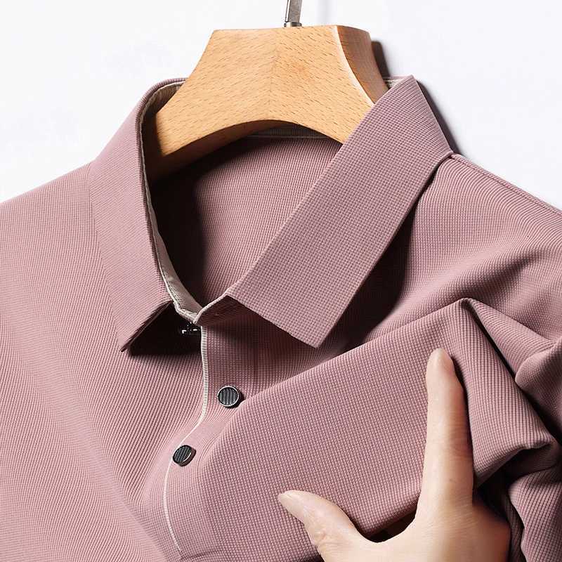 Fashionable Ice Silk Polo Shirt Mens Half Sleeved Casual Top Middle-aged Lapel Pullover Solid Color Short Sleeved Mens T-shirtXJ250725
