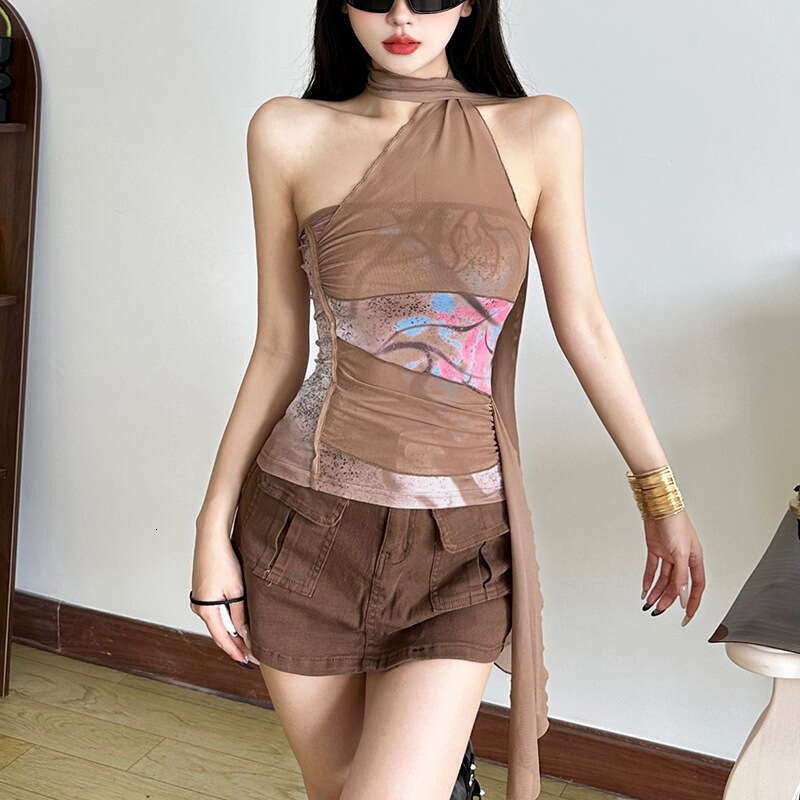2025 Summer New Fashion Sexy Halter Neck Backless Slim Mesh Versatile Top for Women dee