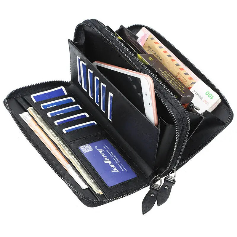 Mens Double Zipper Wallet Card Holder Clutch Purse Checkbook Cell Phone Handbag Long Organizer Bag With Wristlet 250723