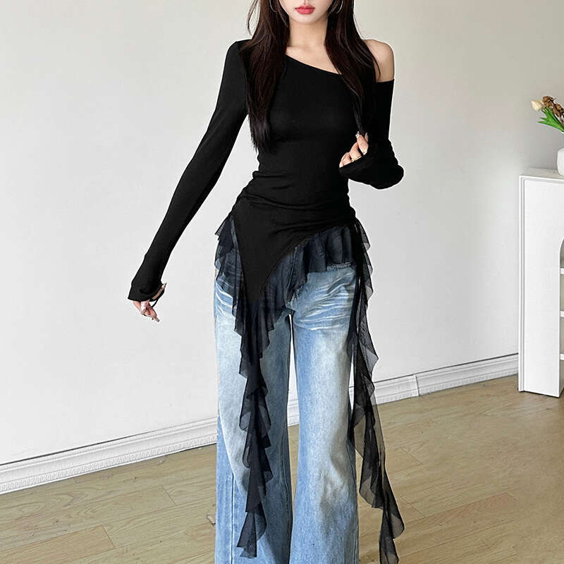 2024 Autumn New Women's Solid Color Slim Fit Street Fashion Asymmetric Neck Long Sleeve Top fee