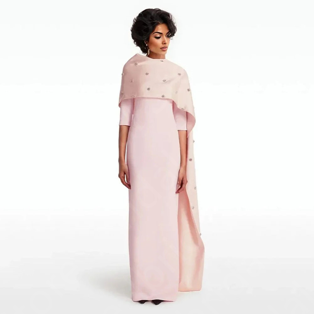Pale Pink Evening Dresses with Cape Arabic Prom Gowns 3/4 Sleeves Long Dress Middle East Crystal Beaded