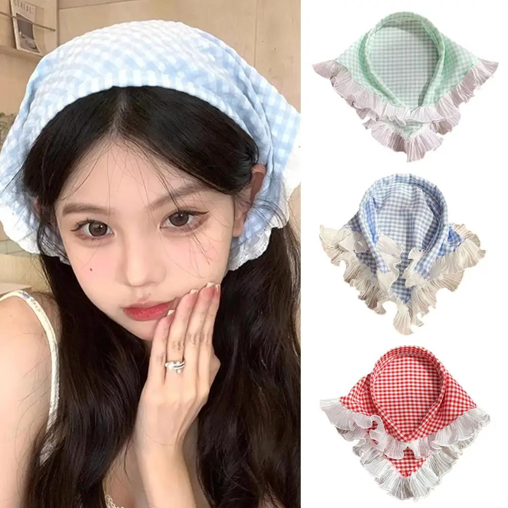 Lace Checkered Headbands Lace Triangle Turban Bandanas Plaid Triangular Headscarf Hairband Po Decoration Hair Accessories 250723